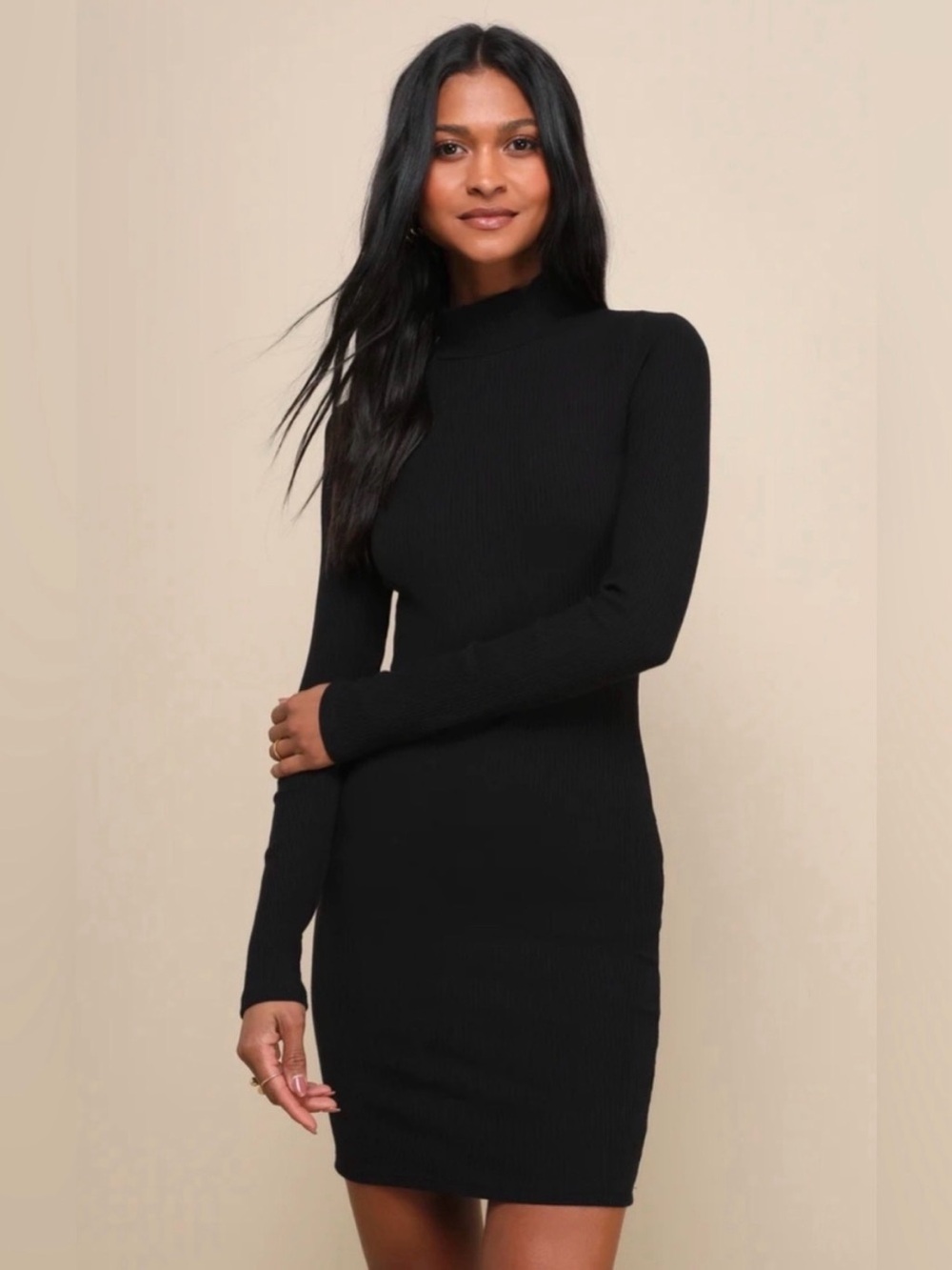 Hooked Up by IOT Black Ribbed Mock Neck Long Sleeve Dress